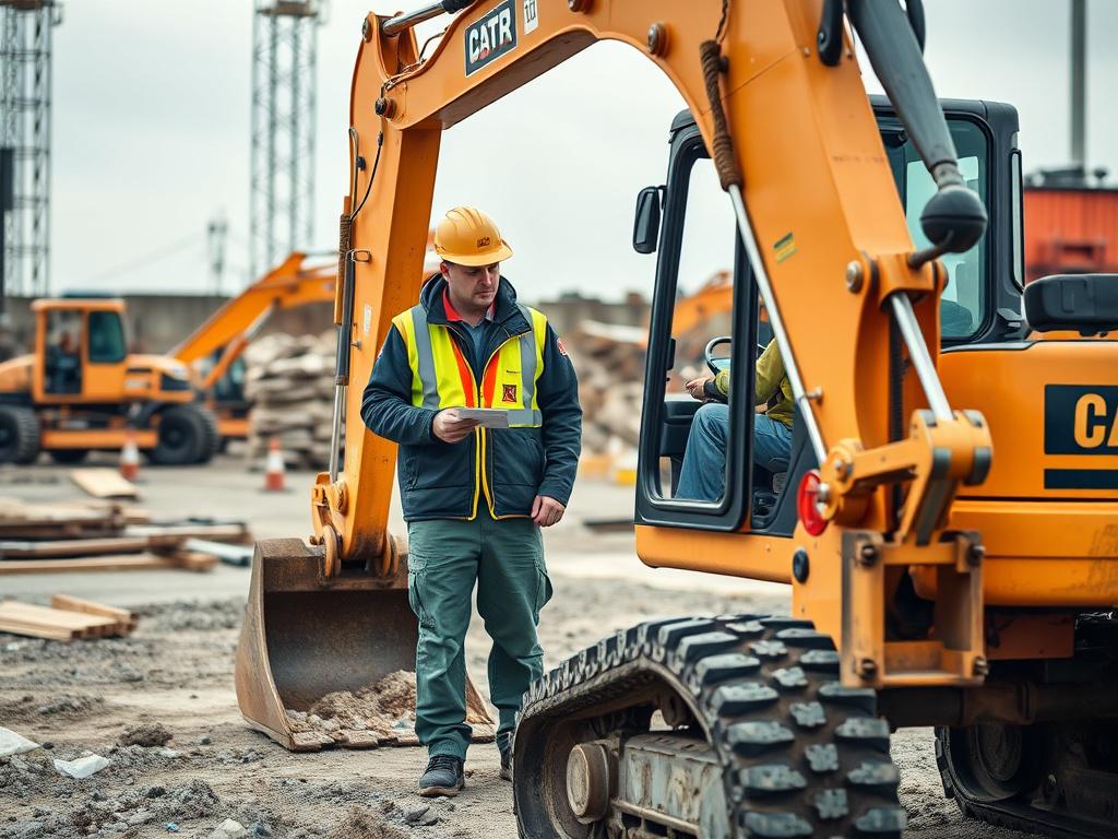A photorealistic image of a professional instructor guiding a trainee in operating a digger on a construction site. The scene includes construction materials and machinery in the background, with the digger prominently displayed in the foreground. The image captures vibrant colors and clean lines, highlighting the focus on training.