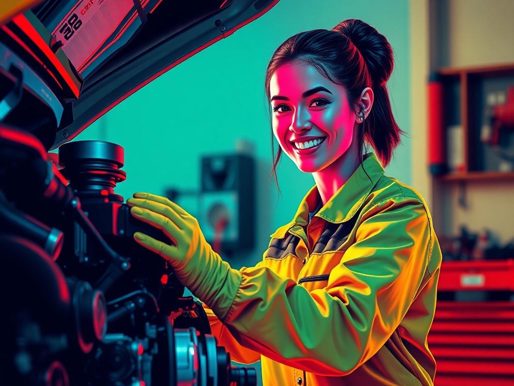 Create a neon pop art style image of a female mechanic working on an engine. The mechanic should be depicted with vivid colors, showcasing her tools and a cheerful expression. The background should be minimalistic and colorful, emphasizing the mechanic and the engine, with a vibrant, energetic feel to reflect the pop art style.