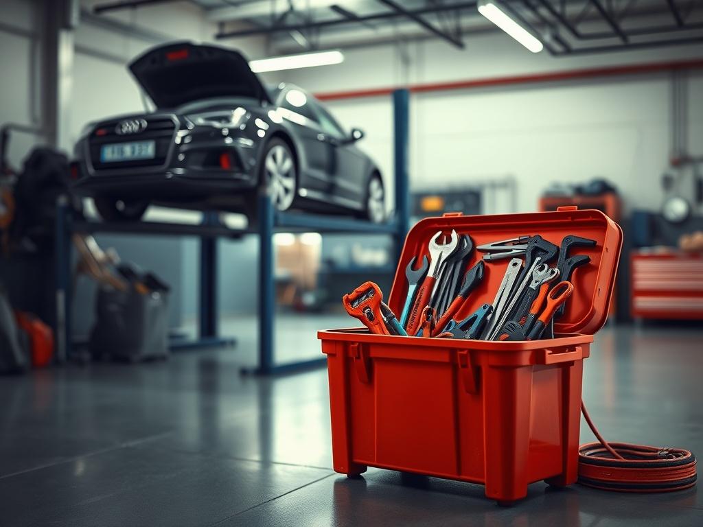 A clean, well-lit garage setting featuring a mechanic's toolbox and a car on a lift. The focus should be on the open toolbox filled with various tools, showcasing a vibrant color palette with the primary color #FF6E4E. The background should include a glimpse of the car being serviced, emphasizing a professional and organized workspace.