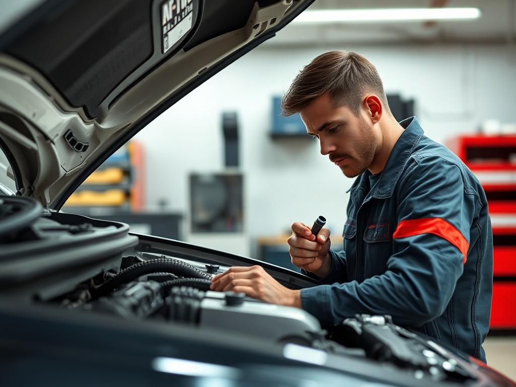 An image of a mechanic inspecting a car engine, focused on the vehicle's components. The mechanic should be holding tools, with a serious expression, conveying professionalism. The background should be a clean, organized garage, using the #FF6E4E color scheme to create an inviting atmosphere.