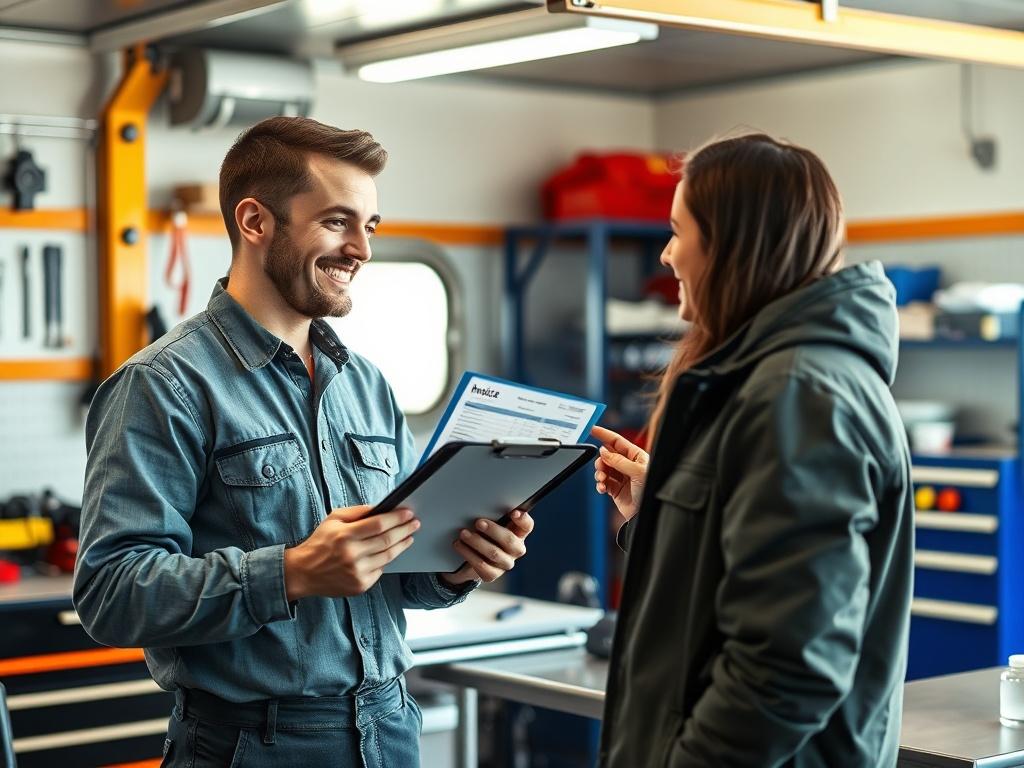 A high resolution depicting a mechanic showing a customer a