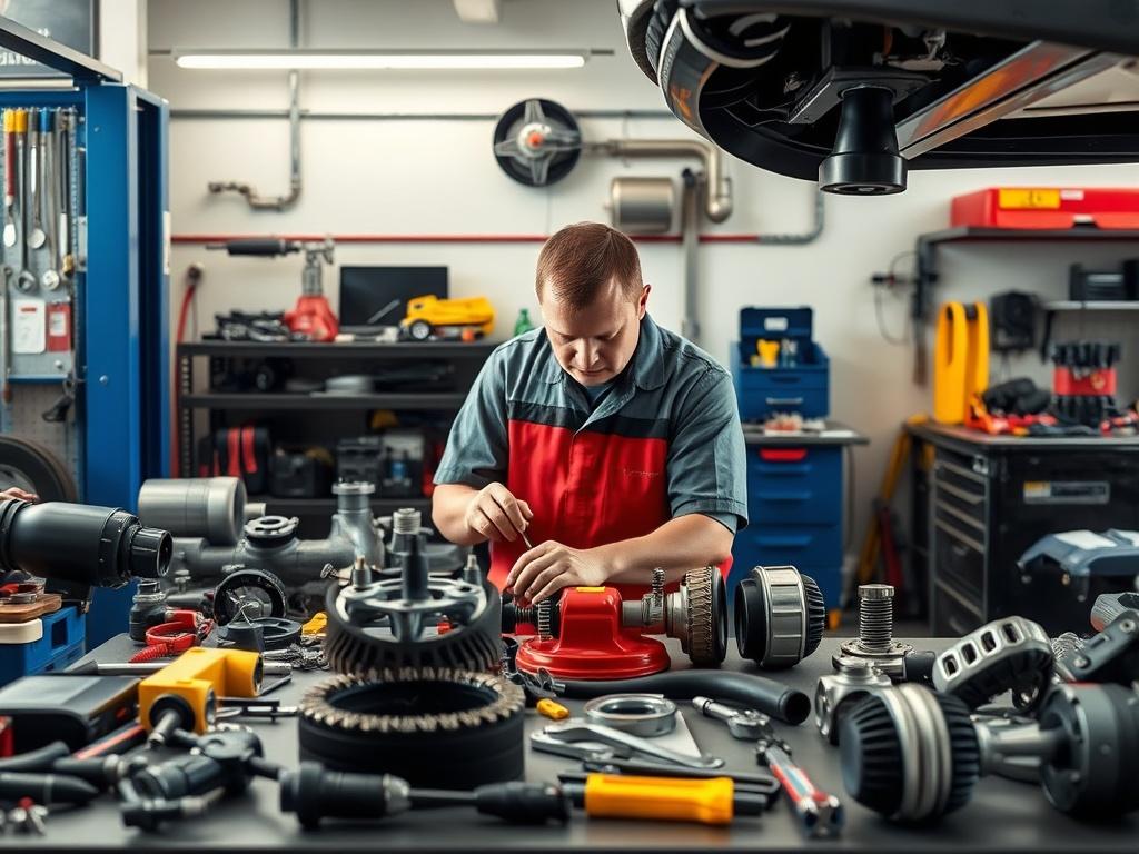 A high resolution of a mechanic working on different car