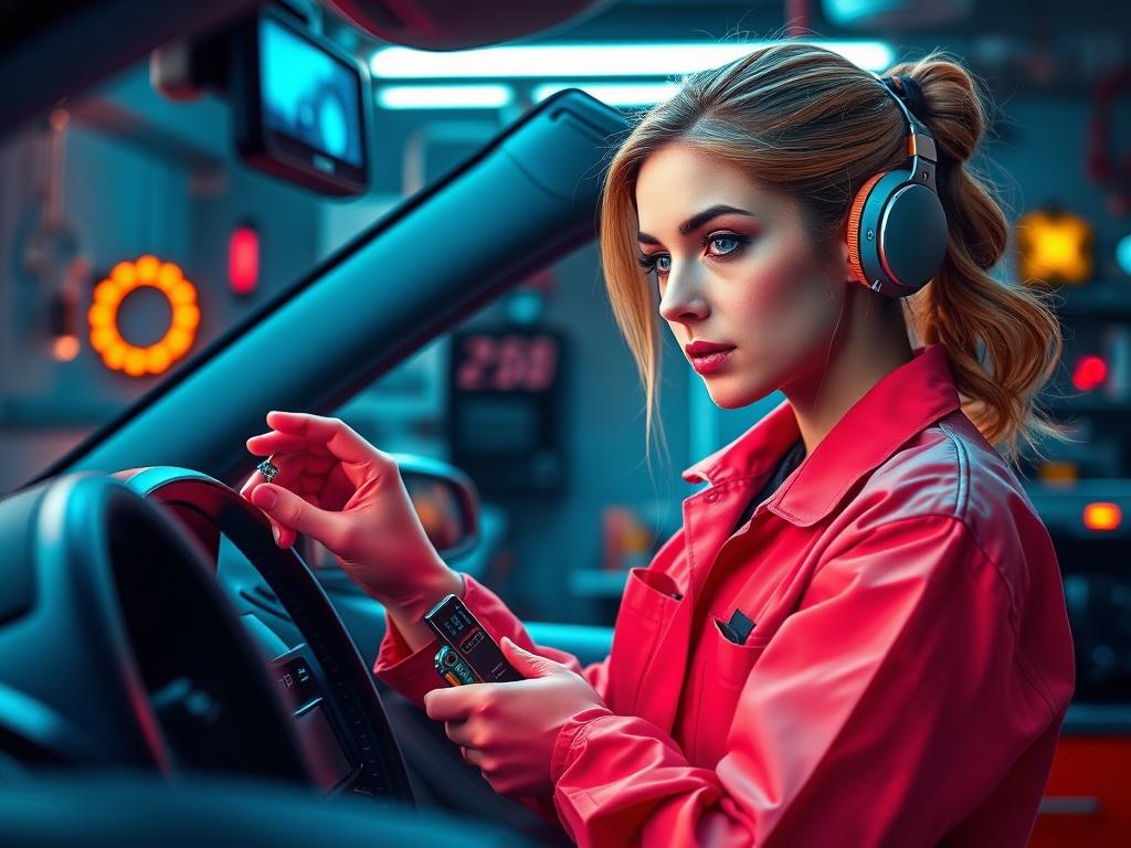A female mechanic checking the engine light on a car dashboard. The image is vibrant and engaging, incorporating neon pop art aesthetics. The mechanic appears focused and professional, with diagnostic tools in hand. The background features a stylish garage filled with colorful elements.