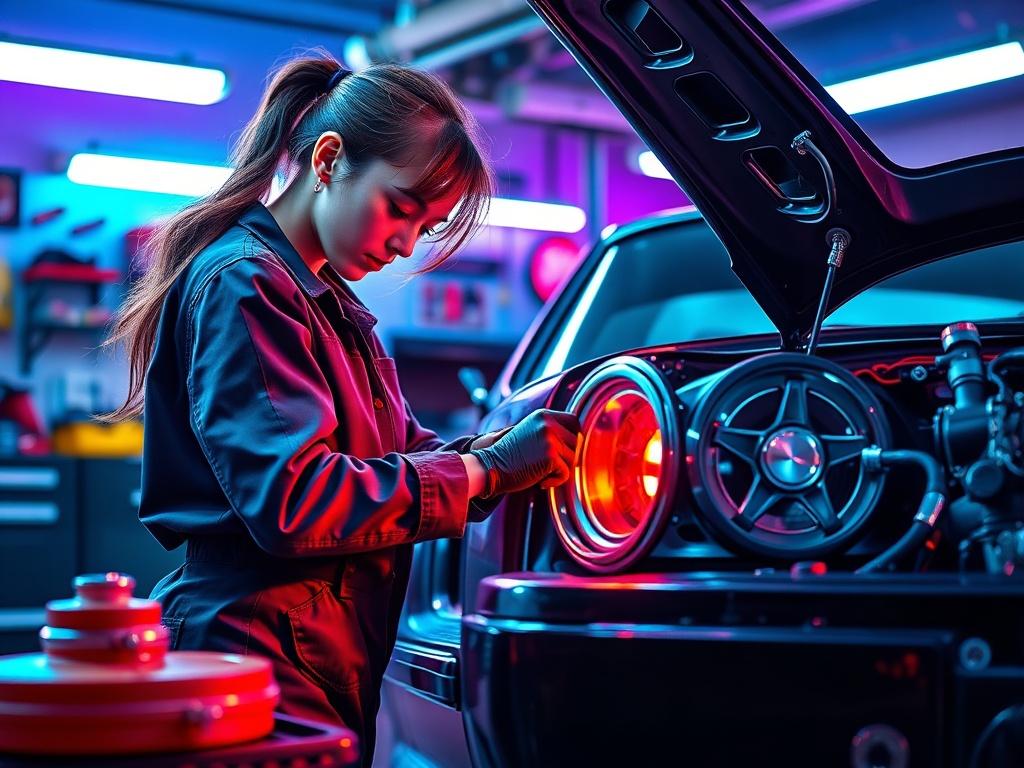 A female mechanic working on a car, showcasing body mod/restoration services. The setting is vibrant and colorful, with neon pop art elements. The mechanic is focused on customizing the vehicle, surrounded by tools and parts. The background is a garage with bright lighting, enhancing the lively atmosphere.