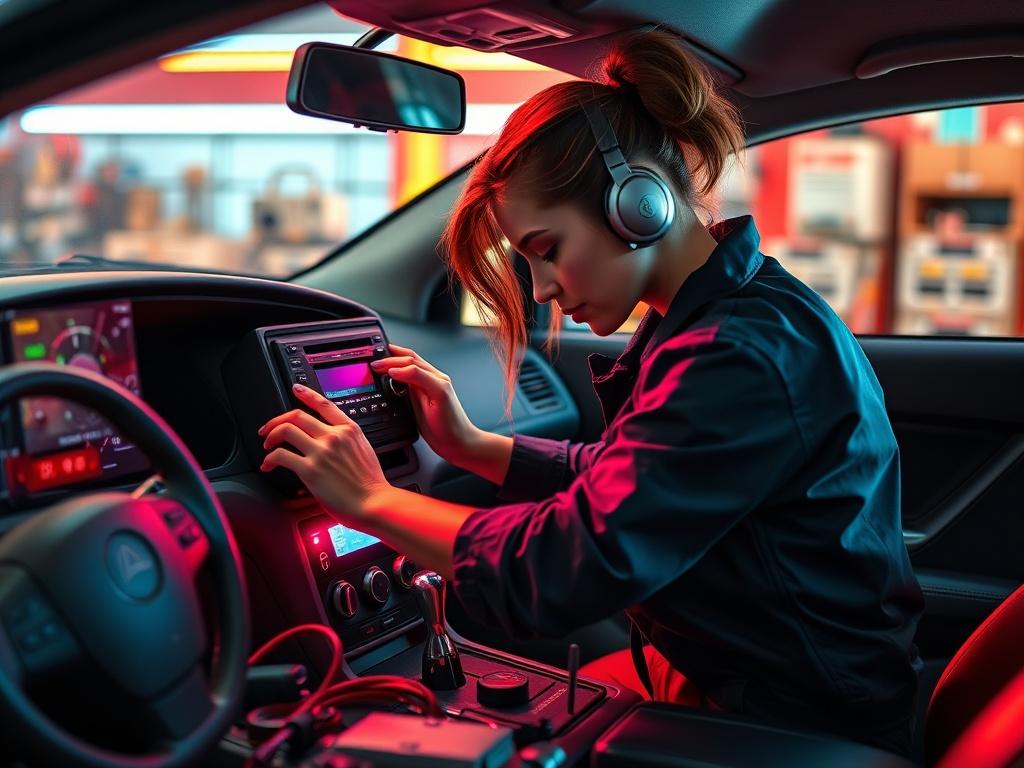 A female mechanic installing a car stereo system inside a vehicle. The scene is dynamic and colorful, featuring neon pop art influences. The mechanic is working diligently on the dashboard, surrounded by tools and equipment. The background reflects a modern, lively garage with bright colors.