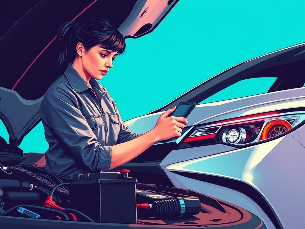 A woman mobile mechanic working on a Toyota Camry, in a pop art style. She is testing the battery and alternator, with tools and diagnostic equipment in the foreground. The image should convey her expertise and confidence, with vibrant colors and bold lines that match the #FF6E4E theme.