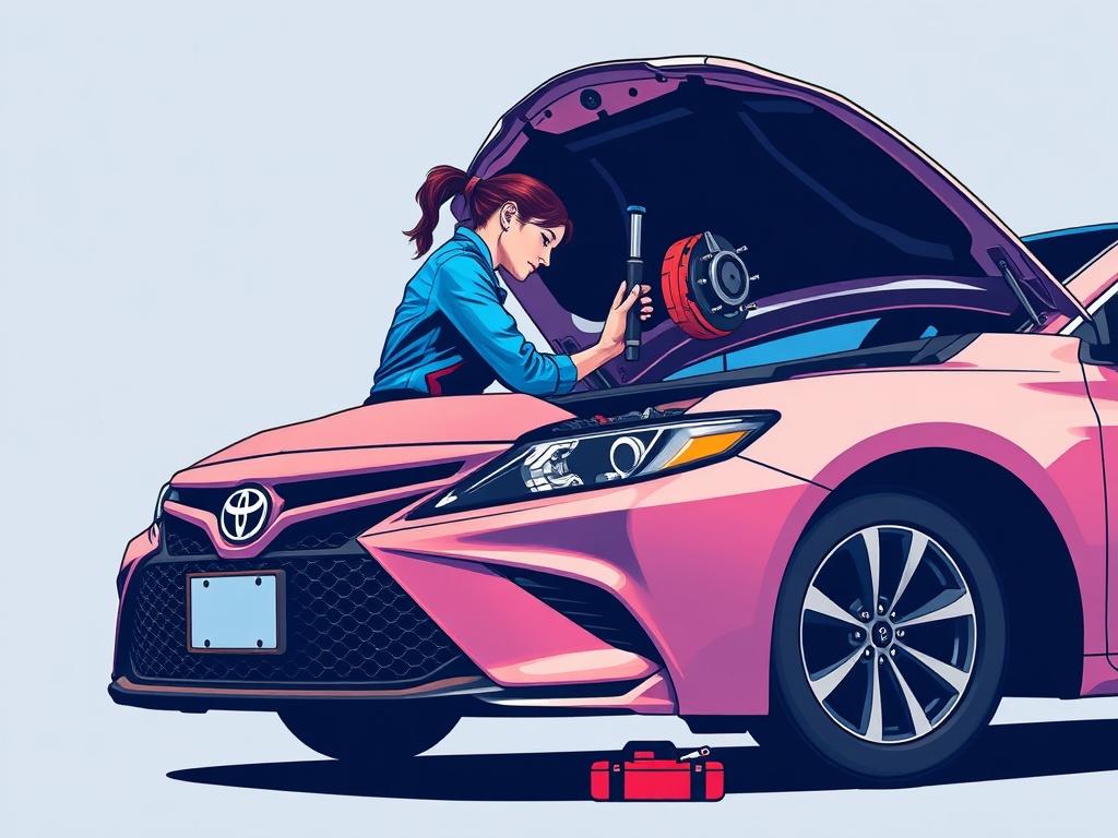 A woman mobile mechanic working on a Toyota Camry, in a pop art style. The mechanic is replacing brakes, showcasing her skills with various tools. The background is simple and clean, emphasizing the vibrant colors and bold lines of the scene that align with the #FF6E4E theme.