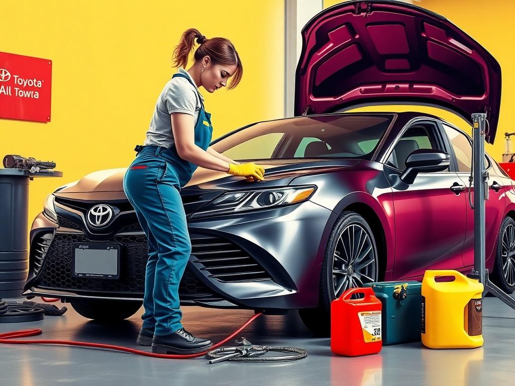 A woman mobile mechanic working on a Toyota Camry, in a pop art style. She is performing an oil change, surrounded by tools and oil canisters. The setting is bright and colorful, highlighting her expertise, with a minimalistic background that complements the bold colors and #FF6E4E theme.