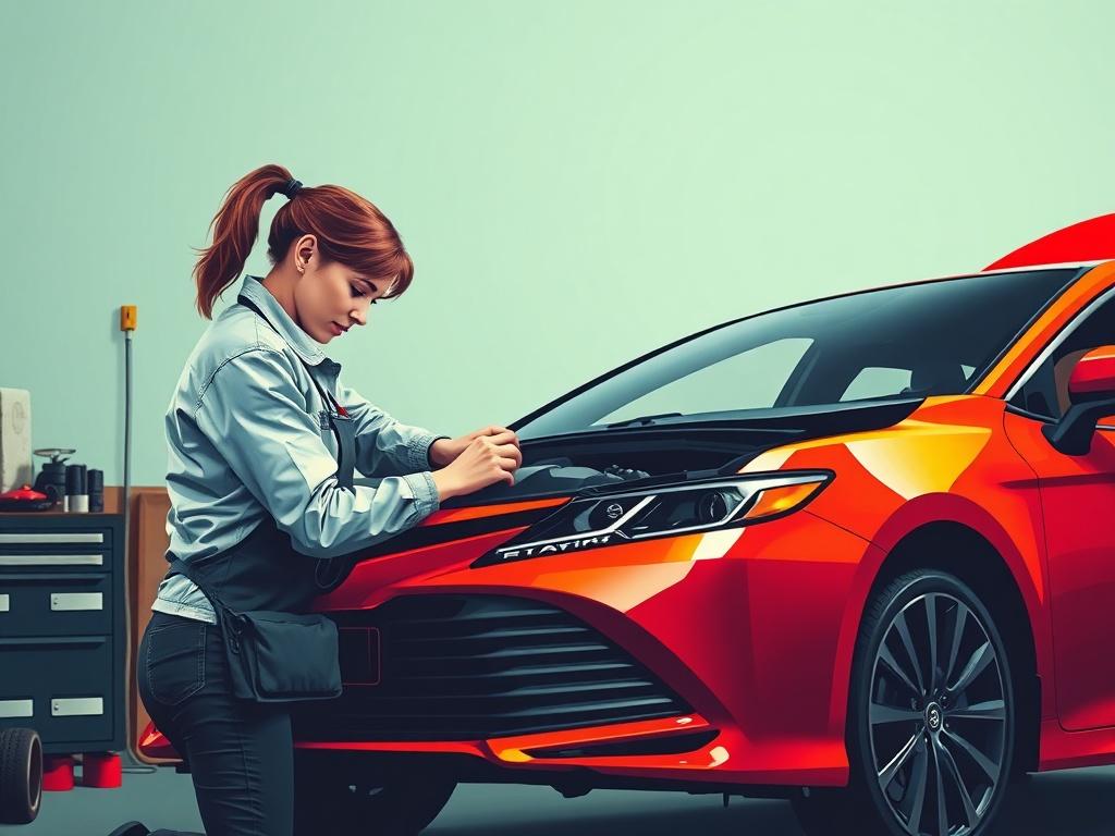 A woman mobile mechanic working on a Toyota Camry, in a pop art style. The scene shows her focused on the engine, with colorful, bold elements surrounding her. The background is minimalistic, emphasizing the mechanic and the car. The image should have clean lines and vibrant colors that complement the #FF6E4E theme.