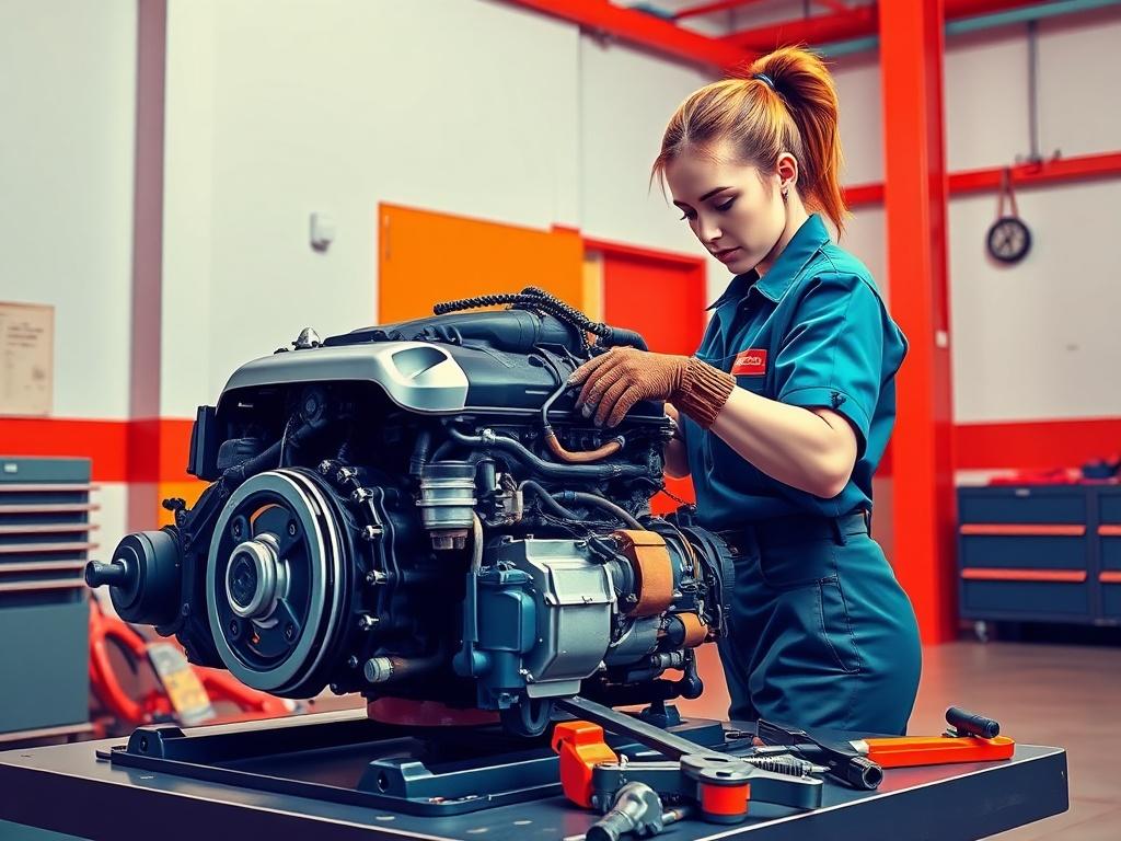 A realistic high-resolution photo of a female mobile mechanic working on an engine and transmission in a vibrant pop art style. The mechanic is focused on her task, wearing a mechanic's uniform and gloves, with tools laid out beside her. The background is a clean, simple garage setting with bright colors and minimal distractions, emphasizing the mechanic and the engine she is working on.