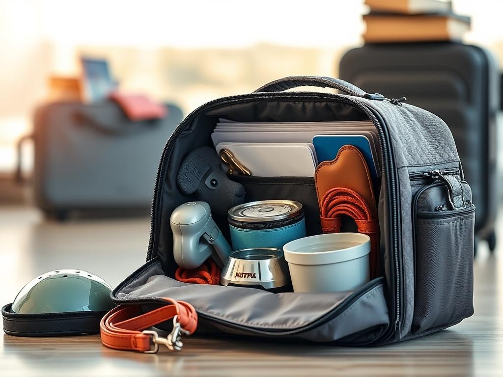 Create a highly realistic high-resolution photo of a pet travel setup that embodies the essence of safe pet travel. The image should feature a single, well-organized pet travel bag displayed prominently in the foreground. The bag should be open, revealing essential items inside, such as a comfortable pet harness, travel water bowl, a bag of pet food, a leash, and medical records neatly organized. The bag itself should be stylish and durable, showcasing various compartments.

In the background, create a sere