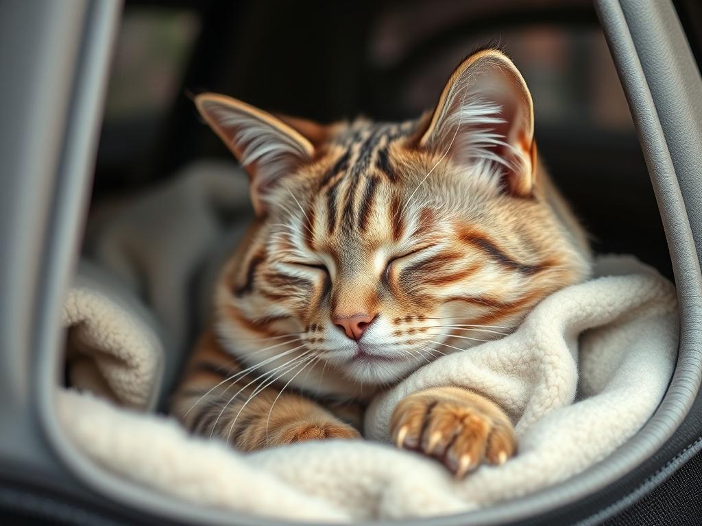 A heartwarming close-up shot of an elderly cat resting comfortably in a pet transport carrier, with soft blankets and a gentle expression. The background should reflect a caring environment, highlighting the attention and comfort provided by LA PET SHUTTLE. The focus is on the cat's serene demeanor, evoking trust and reliability in pet transportation.