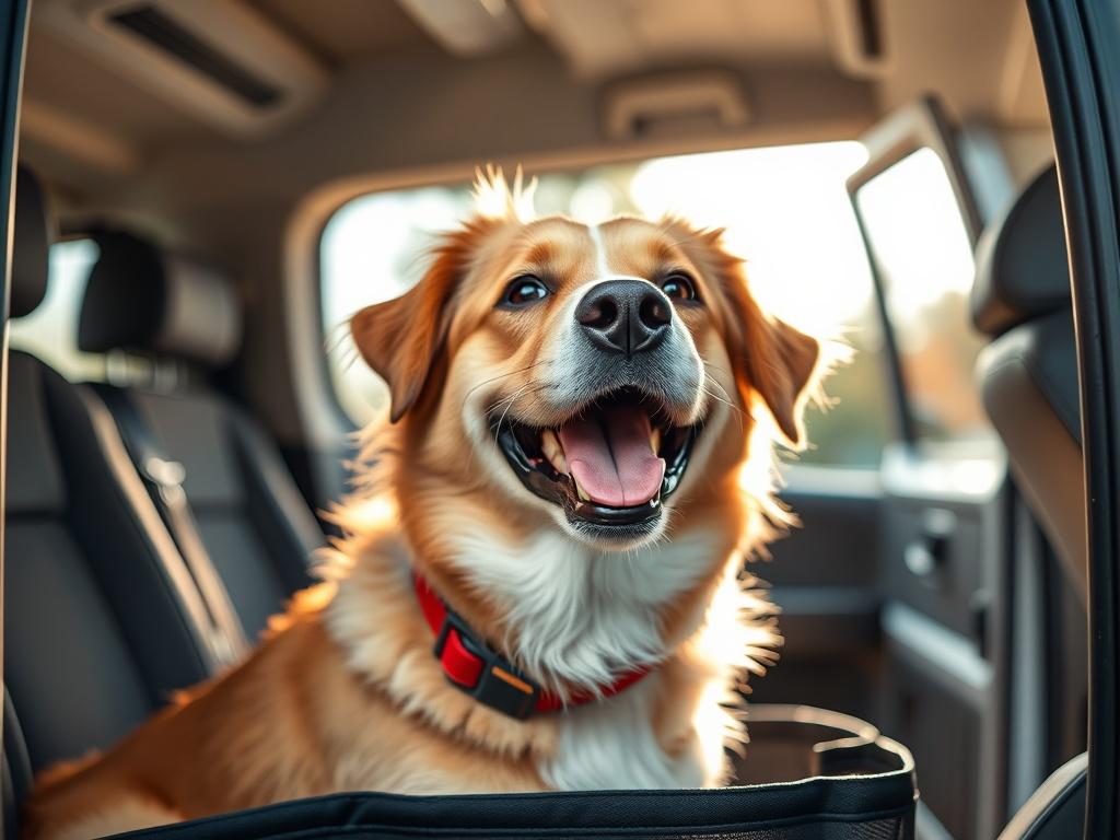 A hyper-realistic close-up shot of a happy dog sitting comfortably in a pet transport vehicle, with a clean and inviting interior visible in the background. The scene captures a sense of safety and care, showcasing the warmth and professionalism of LA PET SHUTTLE. The image should be bright and vibrant, focusing on the dog’s joyful expression and the well-maintained vehicle.