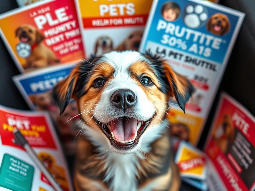 A vibrant close-up shot of a playful puppy with a bright smile, surrounded by pet transportation promotional materials, conveying a sense of joy and excitement. The background should be colorful and engaging, symbolizing the rewarding experience of referring friends to LA PET SHUTTLE. The image should capture the energy and happiness of pets, inviting viewers to participate in the referral program.