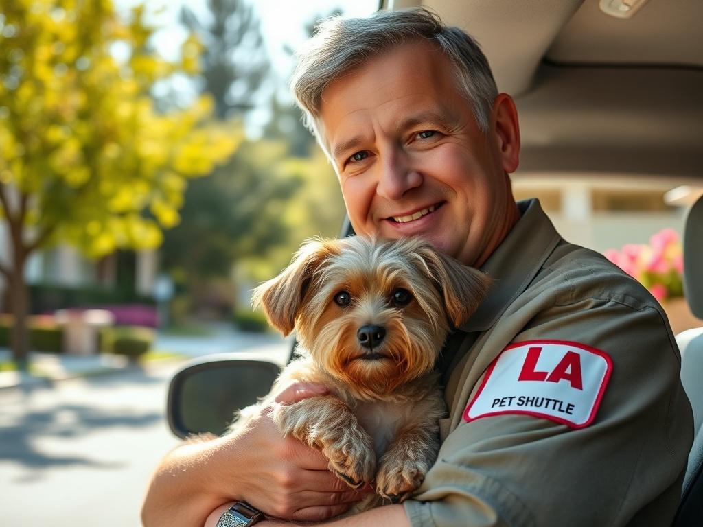Create a realistic high-resolution photo that captures a moment from the life of a pet shuttle driver. Focus on a single subject: the driver, a middle-aged individual wearing a branded LA PET SHUTTLE uniform, gently holding a small dog, likely a mixed breed or a fluffy terrier, in their arms. The expression on the driver’s face should convey warmth and care, reflecting the dedication that goes into every pet transport.

In the background, include a bright and sunny suburban street to suggest a welcoming nei