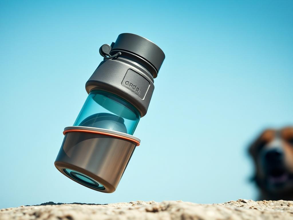 A close-up shot of a portable pet water bottle designed for travel. The image should showcase the bottle with a fold-out bowl, emphasizing its sleek design and practicality. The background should be simple and clean, conveying a sense of adventure and outdoor travel. The image should be vibrant and inviting, shot with a 45mm f/1.2 lens style.