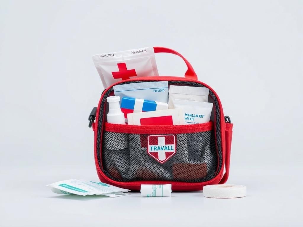 A close-up shot of a travel pet first aid kit, featuring a compact, organized design with visible medical supplies like bandages and antiseptic wipes. The background should be simple and clear, emphasizing the importance of pet safety during travel. The image should be vibrant and inviting, shot with a 45mm f/1.2 lens style.