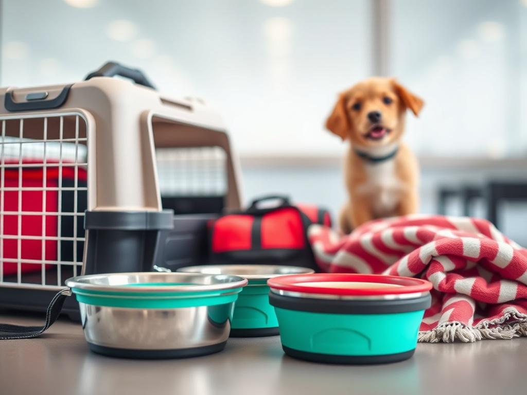 A close-up shot of a pet travel airport kit featuring an airline-approved carrier, collapsible food and water bowls, and a soft travel blanket. The background should showcase a clean, simple travel setting, emphasizing the comfort and safety of pets during transportation. The image should be vibrant and inviting, shot with a 45mm f/1.2 lens style.