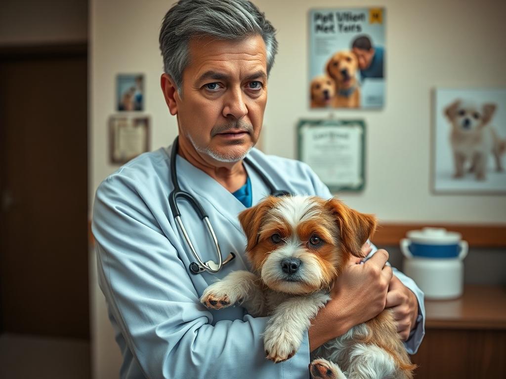 Create a highly detailed, hyper-realistic high-resolution photograph showcasing a concerned pet owner holding a small dog in a veterinary clinic setting. The composition should be simple and clear, focusing solely on the pet owner and their dog, with an emphasis on emotions reflecting urgency and care. 

The pet owner, a middle-aged individual of diverse descent, should have a worried yet determined expression while cradling their small dog, which is a mixed breed with a soft, fluffy coat. The dog's eyes sh
