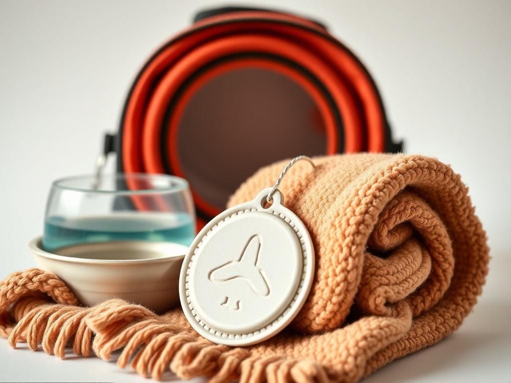 A hyper-realistic close-up shot of a pet travel airport kit, featuring a collapsible water bowl, cozy blanket, and durable carrier tag. The background should be soft and simple, emphasizing the kit's components. The shot should be taken with a 45mm f/1.2 lens style, highlighting the details of the items.