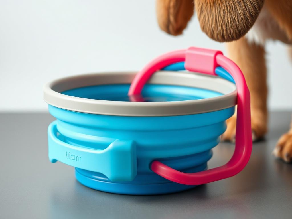 A hyper-realistic close-up shot of a collapsible pet travel water bowl, displaying its folding mechanism and vibrant color. The background should be simple and unobtrusive, focusing on the bowl's features. The image should be captured with a 45mm f/1.2 lens style.