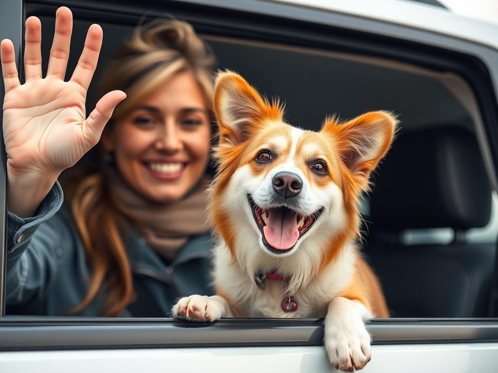 A close-up shot of a pet owner happily waving goodbye to their pet as they embark on a ride with LA PET SHUTTLE. The background should show a well-maintained vehicle, emphasizing the convenience and care provided.
