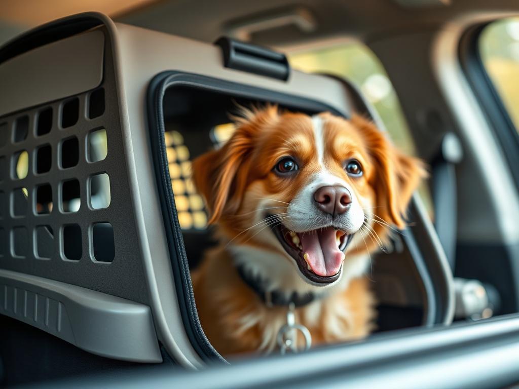 A close-up shot of a happy dog secured in a pet carrier inside a vehicle, showcasing a safe and comfortable environment. The background should have a soft focus, highlighting the dog's joyful expression with natural light filtering in.