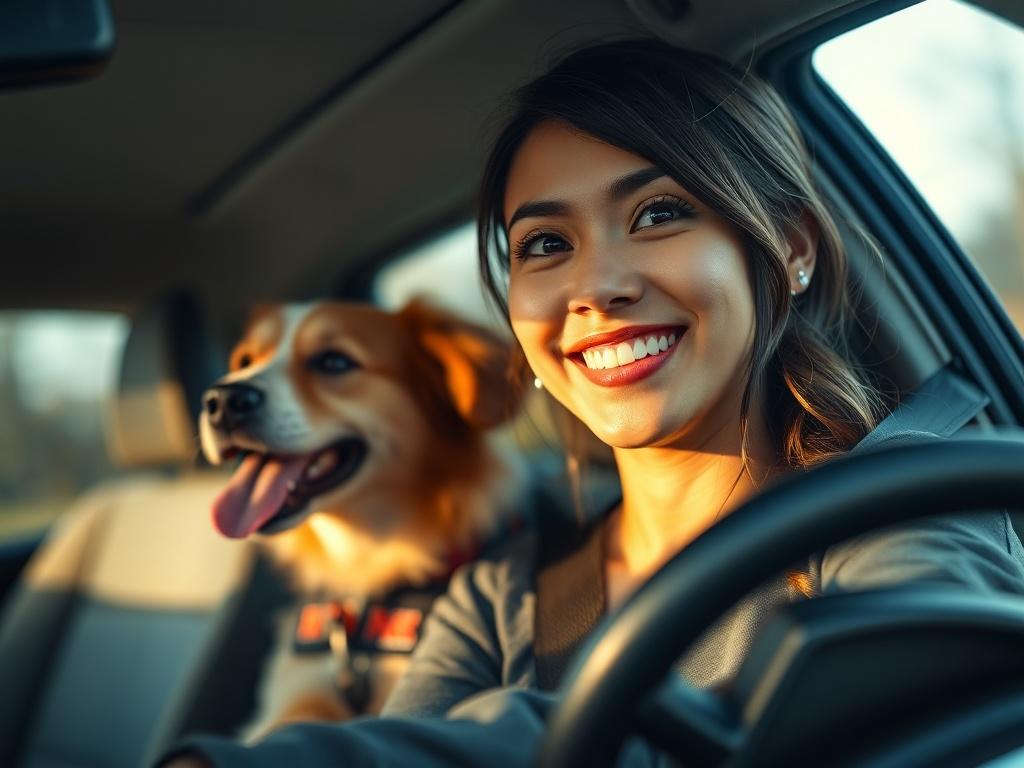 A close-up shot of a professional pet driver smiling while driving, with a focus on a pet in the backseat looking relaxed. The setting should feel warm and inviting, with natural light illuminating the vehicle's interior.