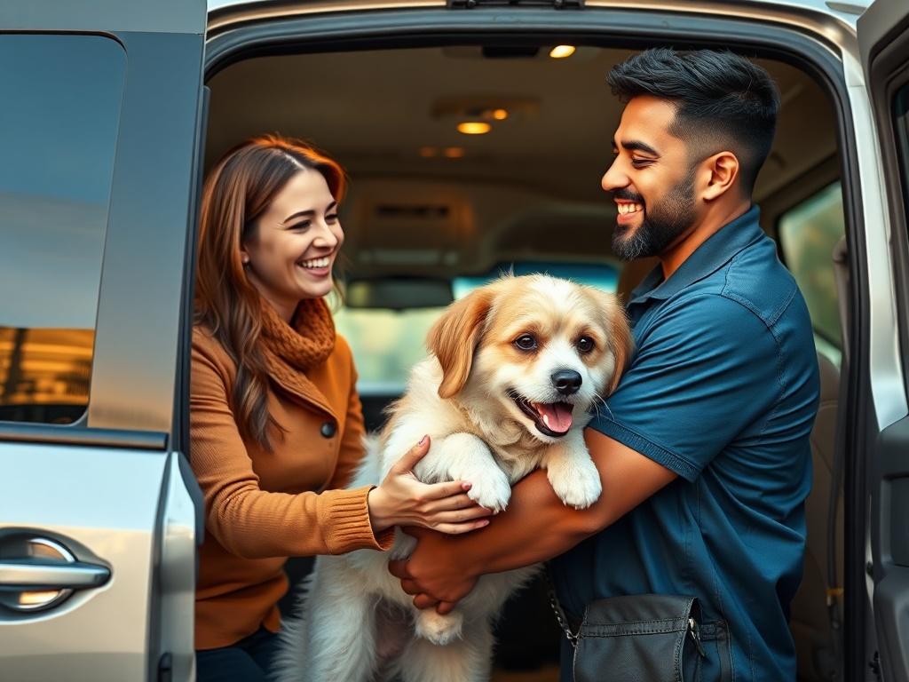 A close up of a smiling pet owner handing over