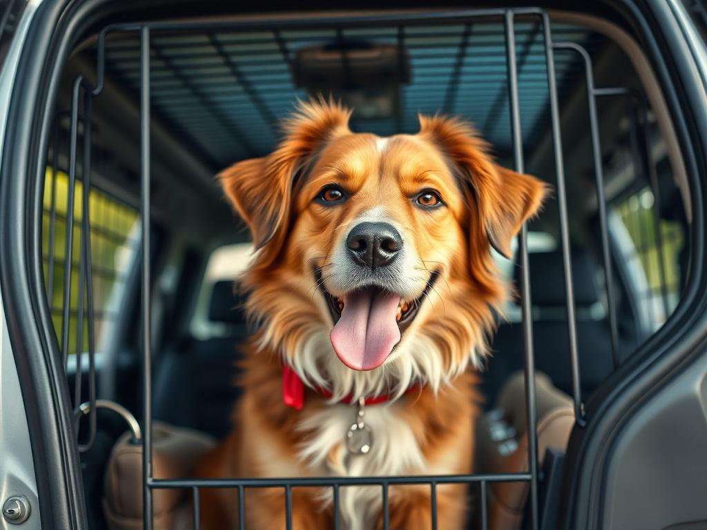 A close up of a happy dog secured in a