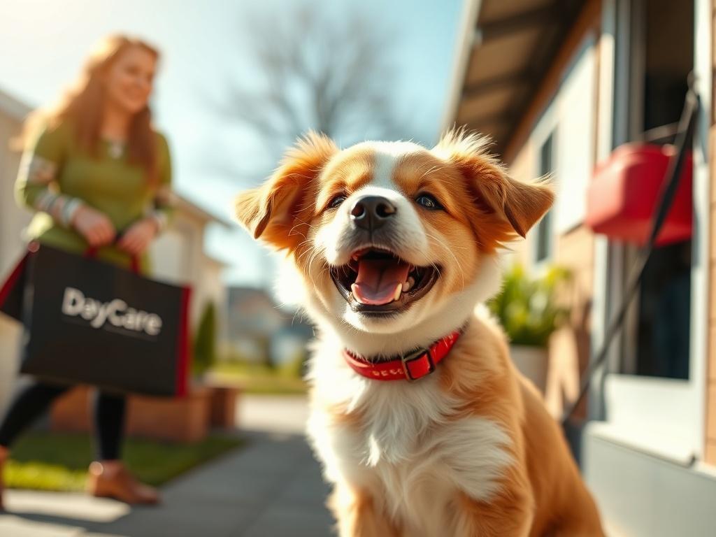 A cheerful puppy being dropped off at a daycare facility, with the sun shining and a friendly atmosphere. The scene should capture the joy of pets going to daycare, with a focus on the puppy's playful demeanor, shot with a 45mm f/1.2 lens style.