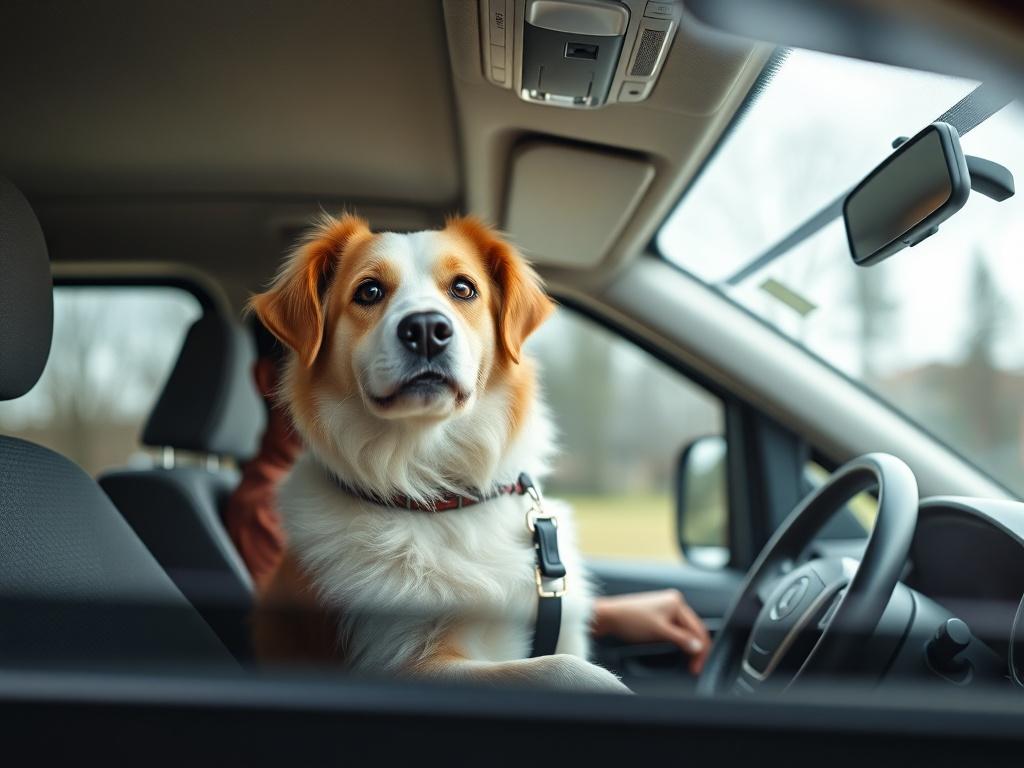 A close-up shot of a pet comfortably seated in a specially designed pet transport vehicle, with the driver focused on the road. The interior is bright and clean, emphasizing safety and comfort.