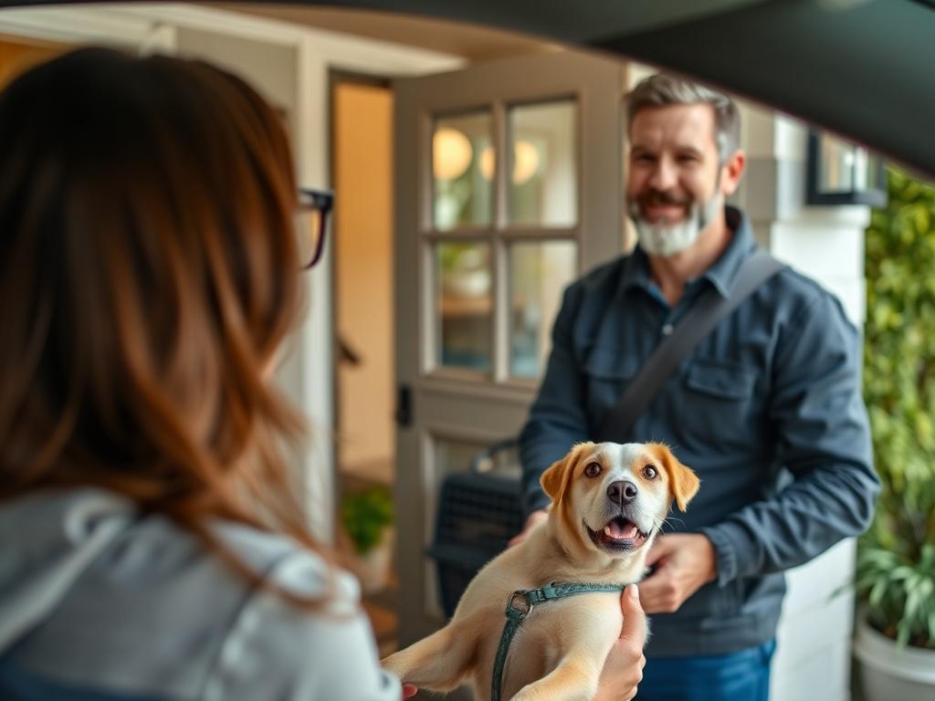 A close-up shot of a friendly driver greeting a pet owner at their front door, with a pet carrier in the background. The setting is bright and welcoming, showcasing a Woodland Hills home.