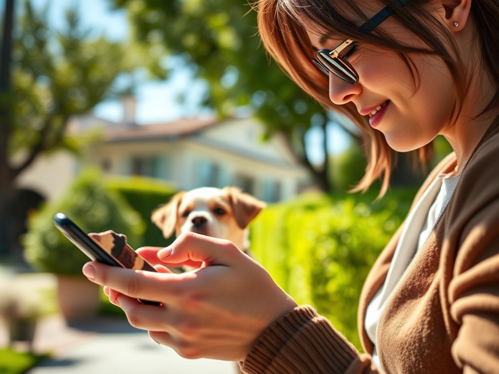 A close-up shot of a pet owner using a smartphone to schedule a pet transportation service, with a focused expression. The background features a sunny Woodland Hills neighborhood, emphasizing a friendly and inviting atmosphere.