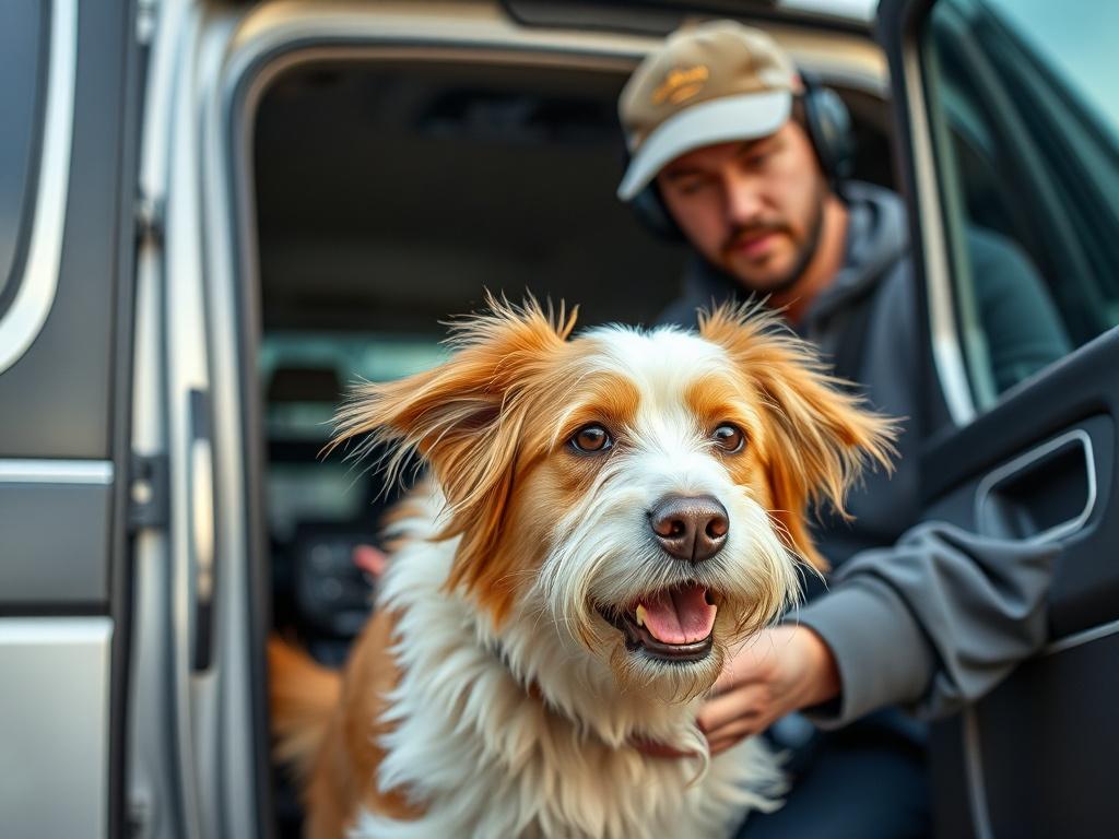 A close-up shot of a pet being gently assisted out of a transport vehicle by the driver, with the destination in the background. The scene conveys a sense of care and professionalism.