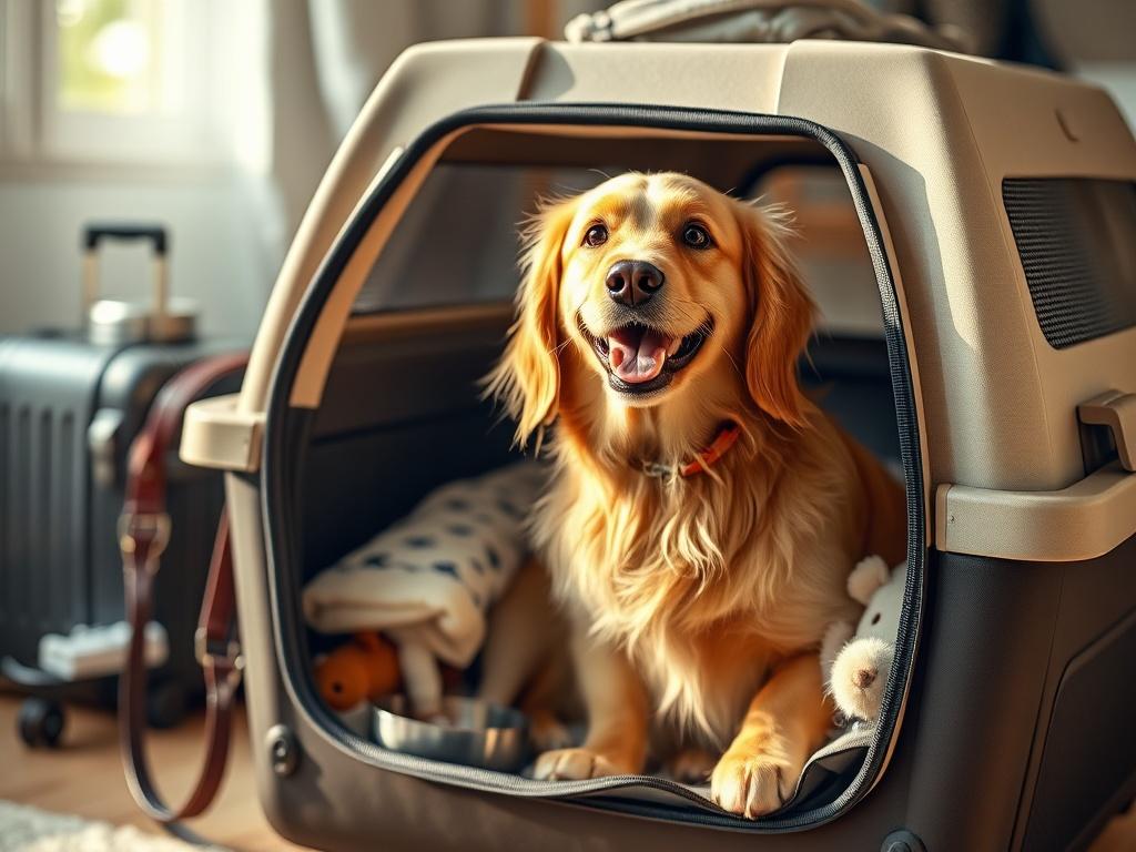 Create a realistic high-resolution photo featuring a single, cheerful dog sitting in a cozy pet carrier, ready for travel. The dog, a golden retriever with a shiny coat and bright eyes, radiates excitement and comfort, showcasing the joy of pet travel preparation. The pet carrier should be well-ventilated and adorned with soft blankets and toys, emphasizing a safe and inviting space for the dog. 

The background should subtly convey a home environment, possibly including a neatly organized area with pet tra