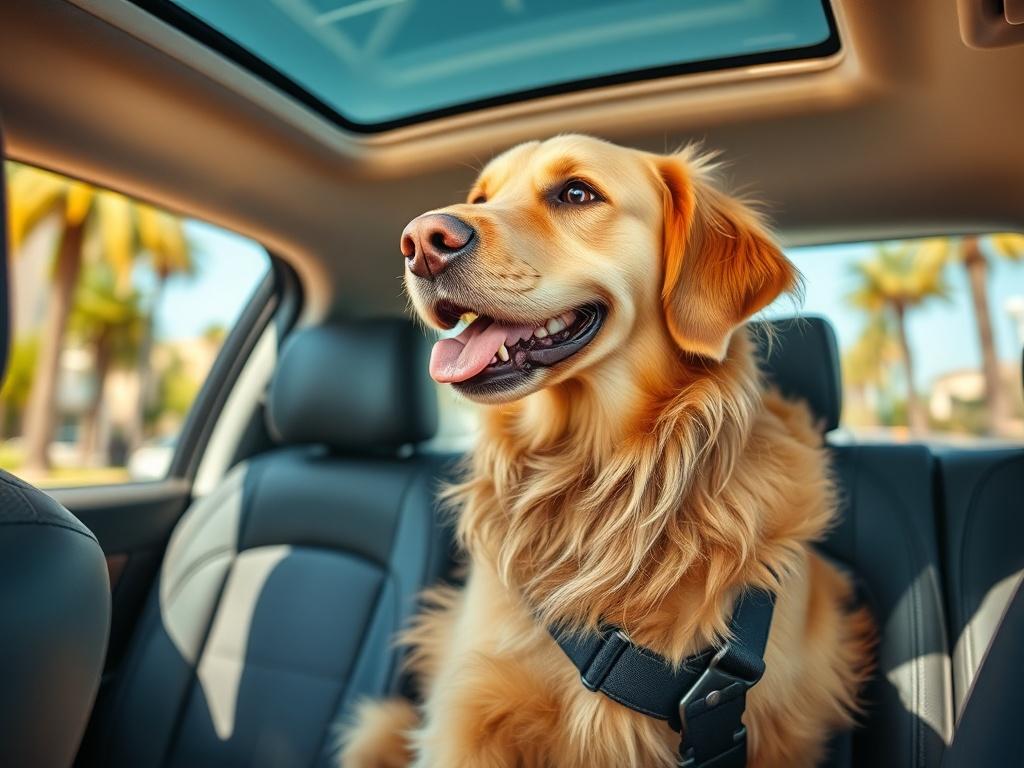 Create a highly realistic, high-resolution photo capturing the essence of pet transportation regulations in Los Angeles. The single subject in the image should be a well-groomed and lively golden retriever sitting in the backseat of a car, looking out the window with a happy expression. The dog should wear a properly fitted seatbelt harness for safety, symbolizing compliance with transport regulations.

The background should depict a sunny day driving through a leafy Los Angeles neighborhood, with palm tree