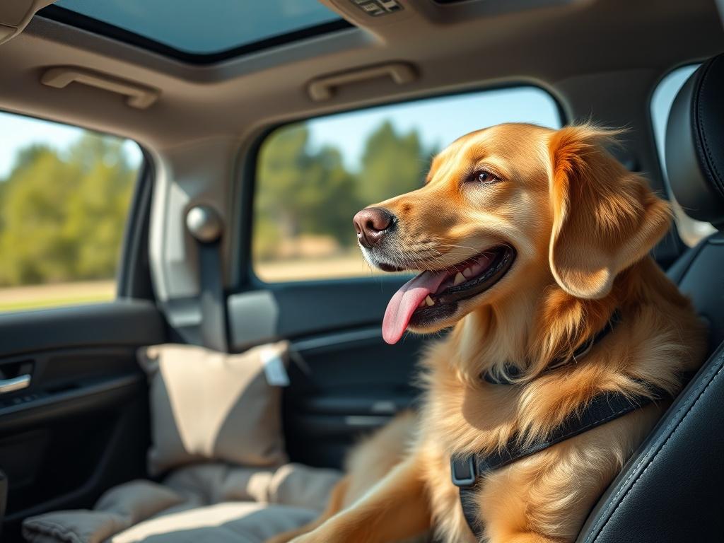 Create a realistic high-resolution photo that embodies the essence of stress-free pet travel. The central subject should be a happy, well-groomed dog (e.g., a golden retriever) sitting calmly in the backseat of a car. It should be looking out of the window with its tongue playfully hanging out, exuding a sense of joy and comfort. The dog should be wearing a travel harness for safety, symbolizing responsible pet travel. 

The car interior should be clean and organized, with a soft, cozy dog blanket or travel