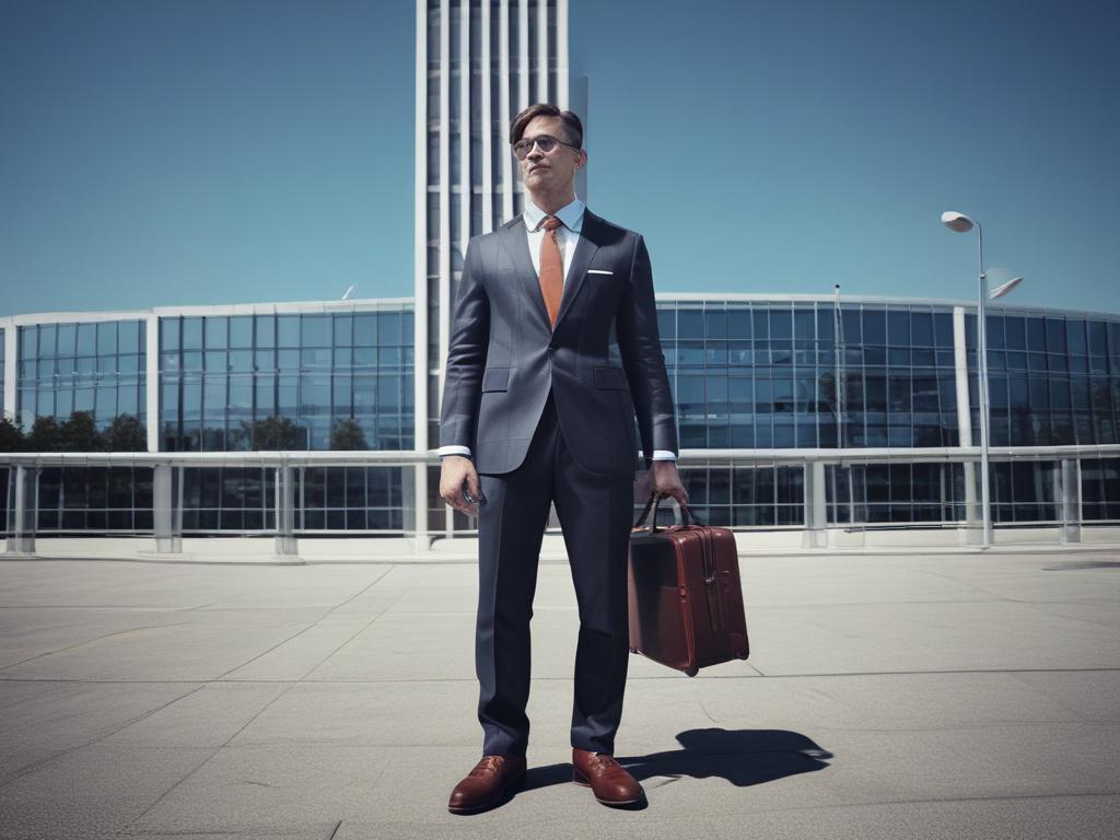 a close-up shot of a confident business professional holding a briefcase, standing in front of a modern office building, with a clear blue sky in the background, shot with a 45mm f/1.2 lens style, emphasizing determination and opportunity