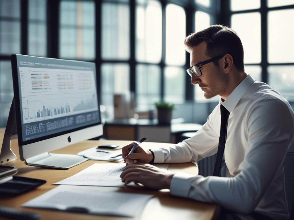 A confident financial advisor sitting at a modern desk, reviewing