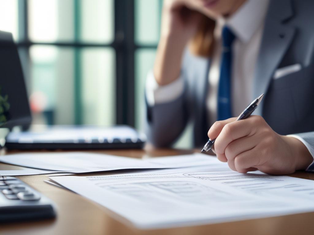 realistic close up of a business professional analyzing financial reports,