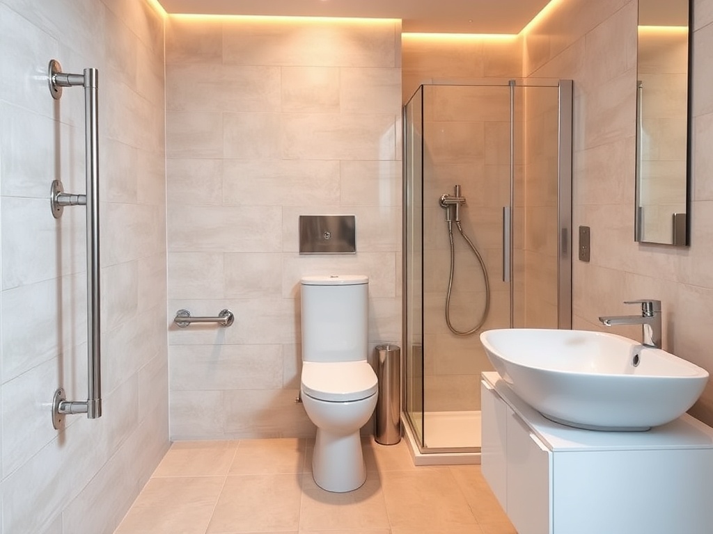 Professional grab rails installed in bathroom around toilet and sink area