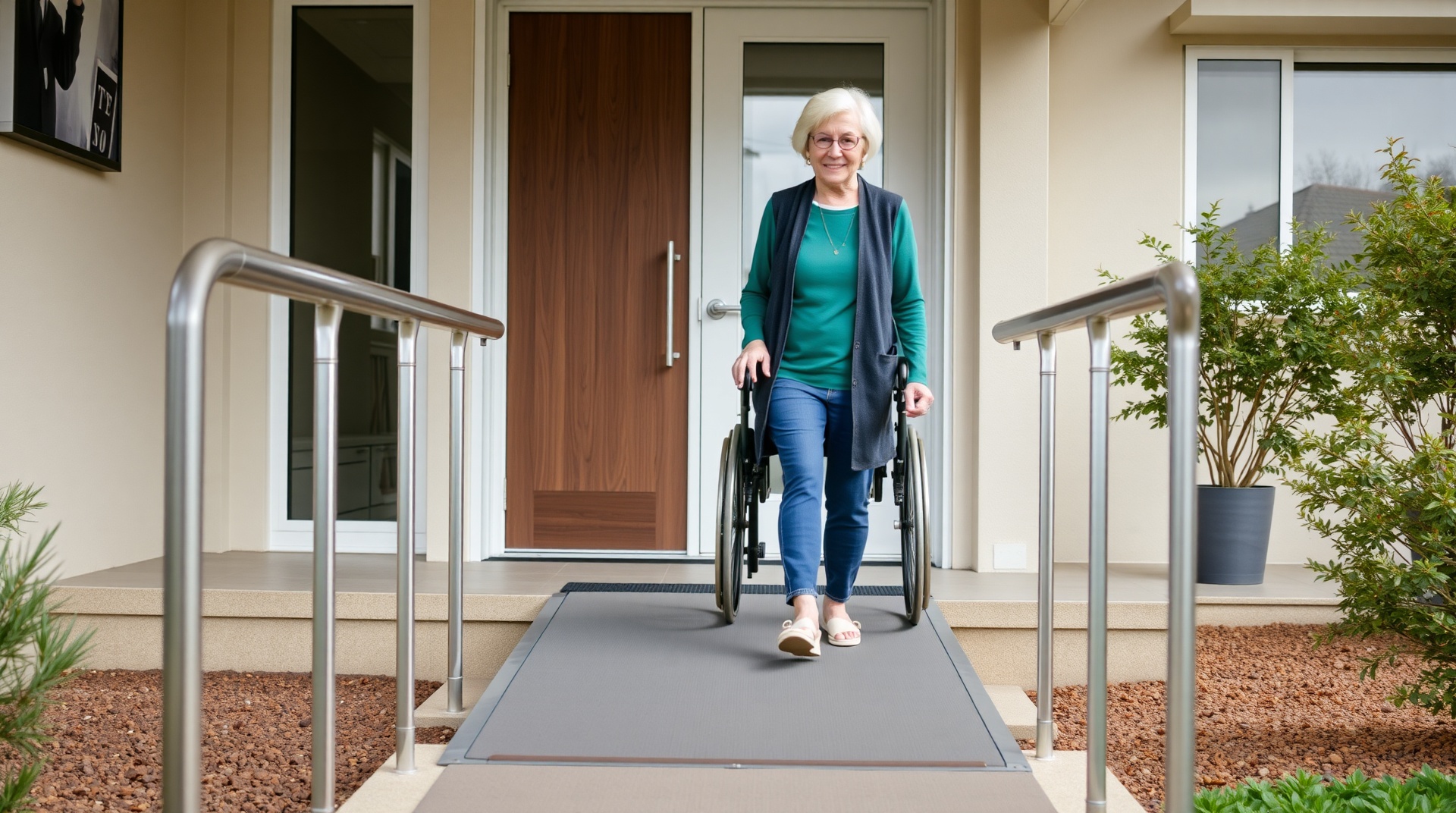 Elderly woman confidently walking on accessible ramp at home entrance