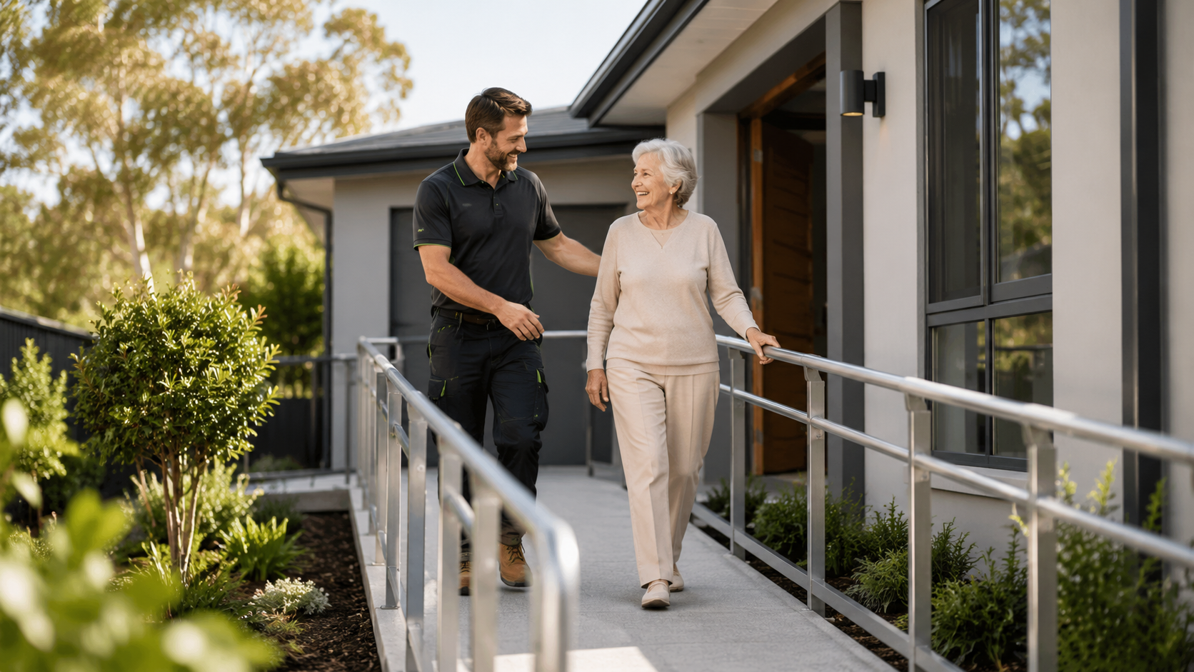 Elderly woman confidently walking on accessible ramp at home entrance