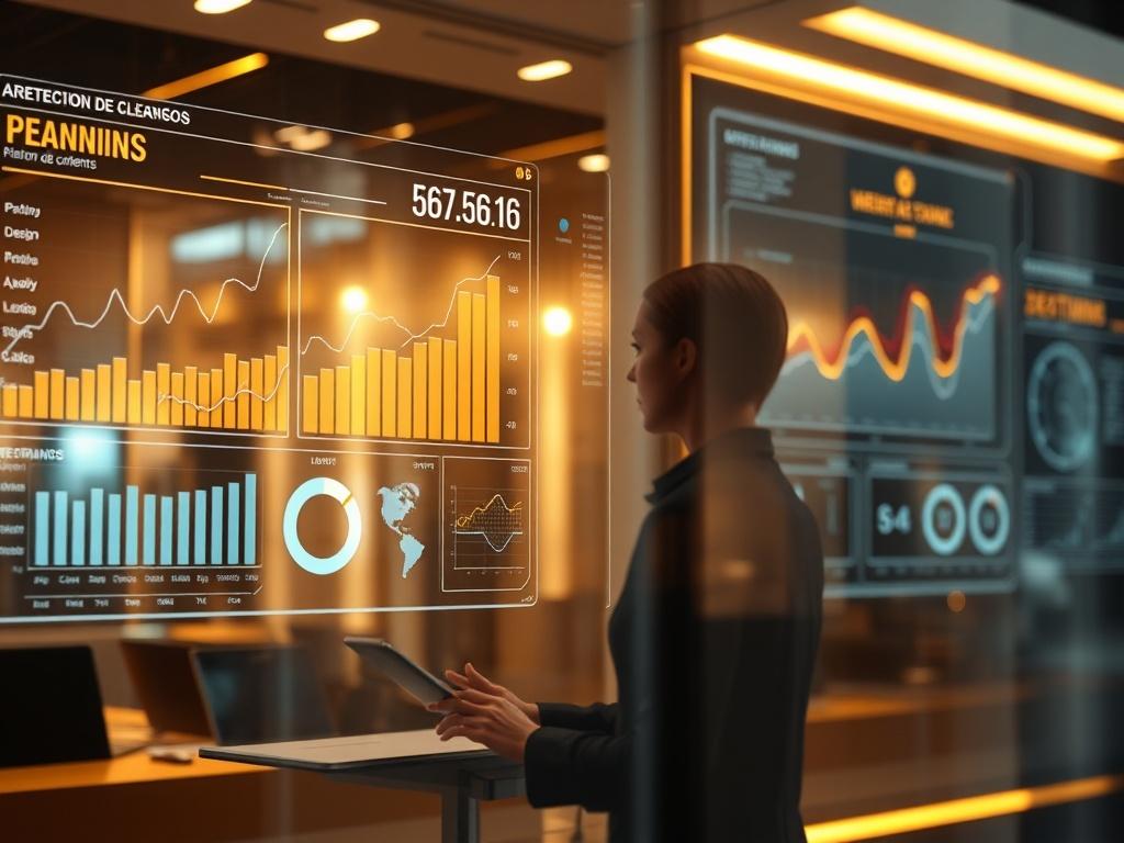 Ultra realista imagen cinematográfica de una figura profesional neutra gestionando un panel futurista con datos holográficos que muestran retención de clientes, análisis y patrones de crecimiento. La atmósfera es calmada y enfocada, con un entorno brillante en tonos suaves de oro y cian. Gráficos flotantes transparentes simbolizan estrategia y relaciones a largo plazo en un espacio de trabajo elegante hecho de vidrio y metal. La composición es minimalista y organizada, con flujos de datos de IA conectando d