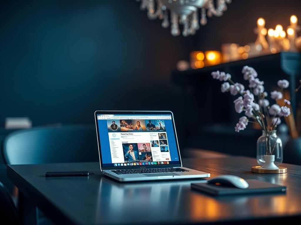 A high-resolution photo of a creative workspace featuring a stylish desk with a laptop open to a vibrant OnlyFans page. The background is softly blurred, showcasing dark tones with hints of gold and lilac, creating an elegant and luxurious atmosphere. The lighting is warm and inviting, emphasizing the artistic flair of the workspace.