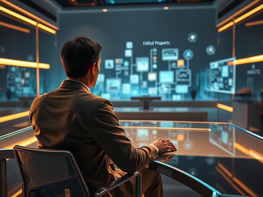 ultra realistic cinematic photo of a neutral professional figure seen from behind, sitting with a relaxed and elegant posture at a sleek futuristic desk, supervising holographic creative projects and AI visual interfaces floating in the air, bright ambient lighting with soft gold and blue tones, luxurious minimalist workspace made of glass and metal, atmosphere of calm leadership and visionary thinking, reflections of progress and innovation, subtle depth of field, 8K cinematic detail, B12 IA aesthetic — el