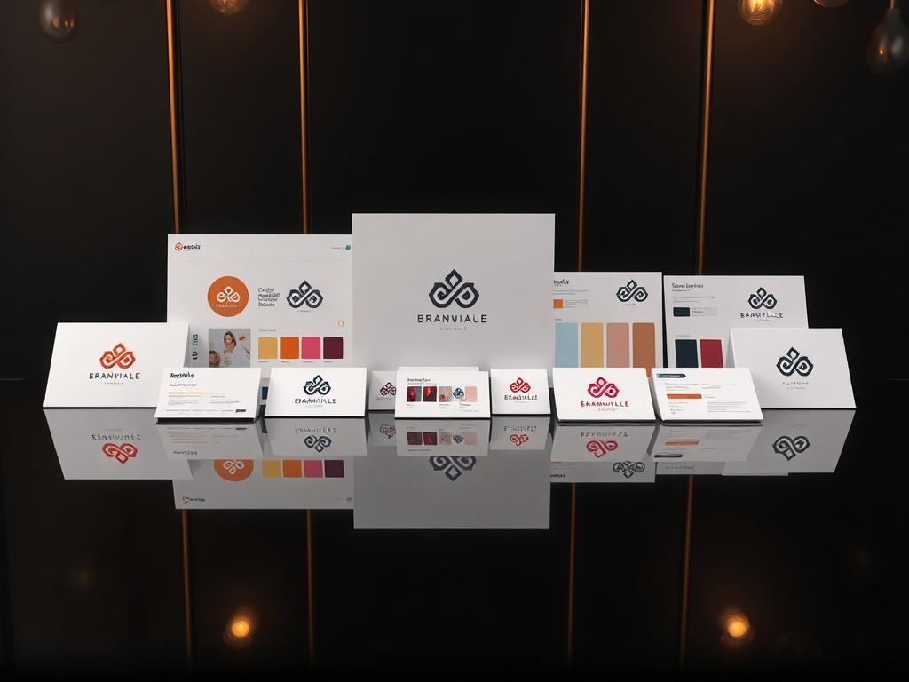 A stylish and modern branding kit displayed elegantly, featuring a collection of customizable logos, color palettes, and design templates. The kit should be arranged on a reflective surface, with a dark elegant background and soft golden highlights, emphasizing the luxurious aspect of the branding resources. Each element should be clearly visible to showcase the artistic quality.