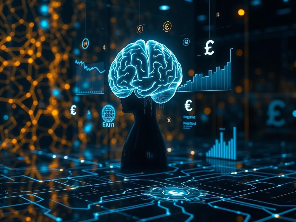 A cinematic ultrarealistic image representing artificial intelligence strategy and monetization. The environment is elegant and dark, accented with gold and blue light. Futuristic neural network patterns merge with holographic business charts and growth analytics. Floating 3D graphs show profits and engagement. A human silhouette or AI figure is analyzing data, with digital energy flowing between brain circuits and currency symbols (€, $, ₿). The scene symbolizes intelligence, innovation, and control, prese