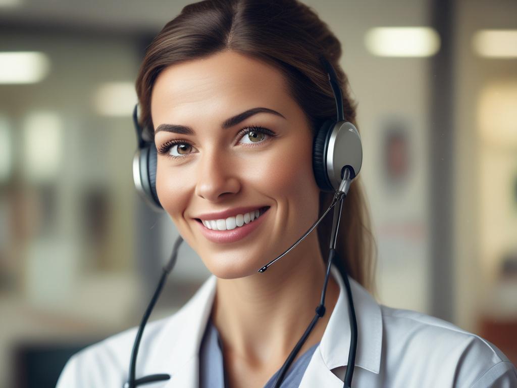 A friendly healthcare specialist on a call, smiling while listening,